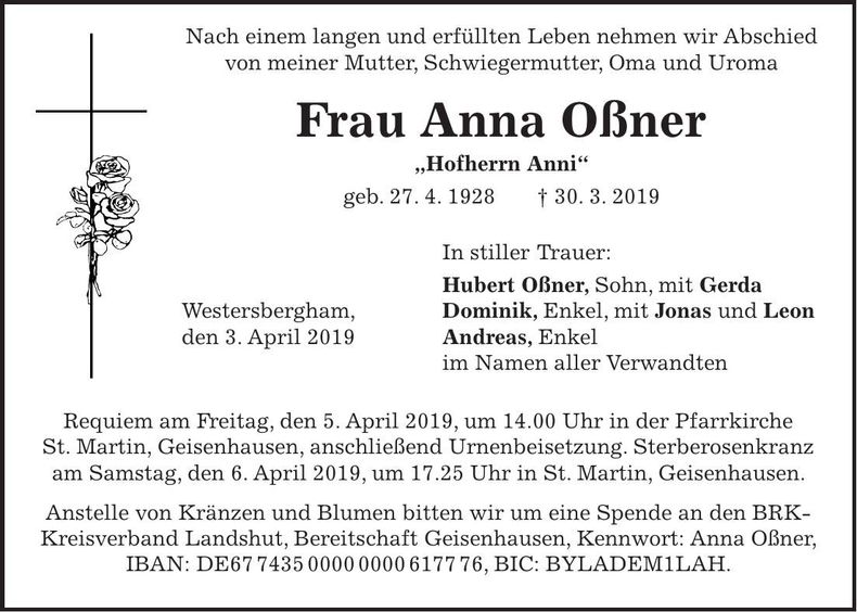 Traueranzeige Anna Oßner