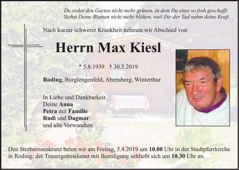 Traueranzeige Max Kiesl
