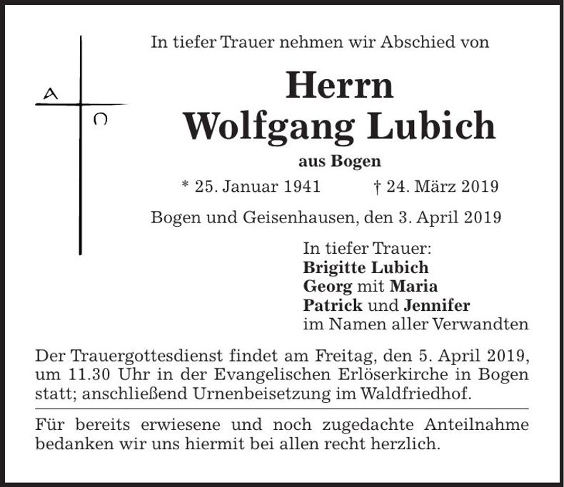 Traueranzeige Wolfgang Lubich
