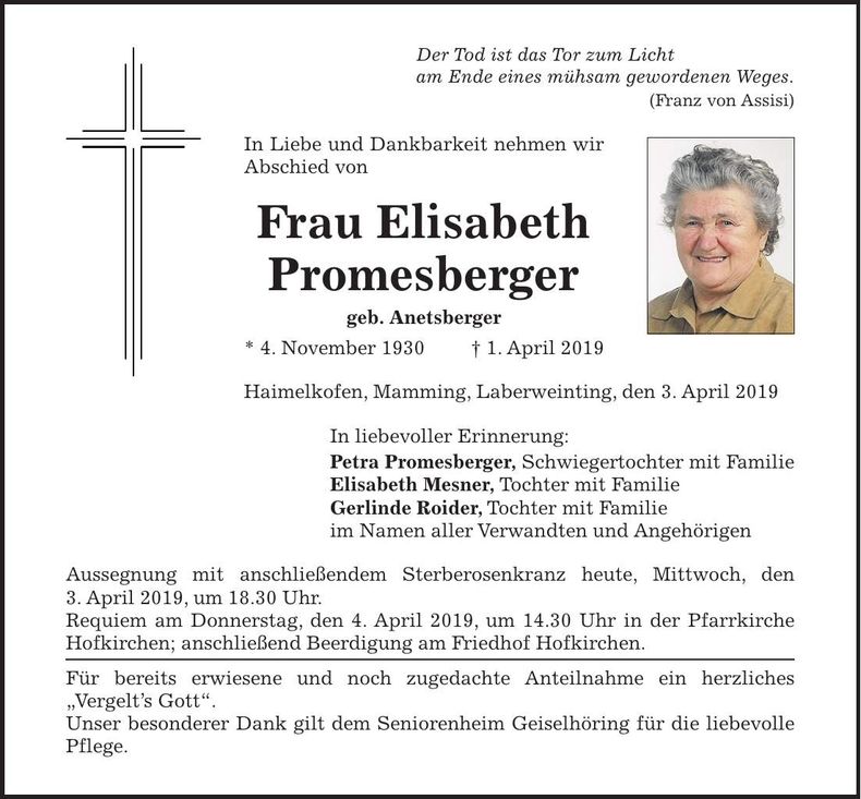 Traueranzeige Elisabeth Promesberger