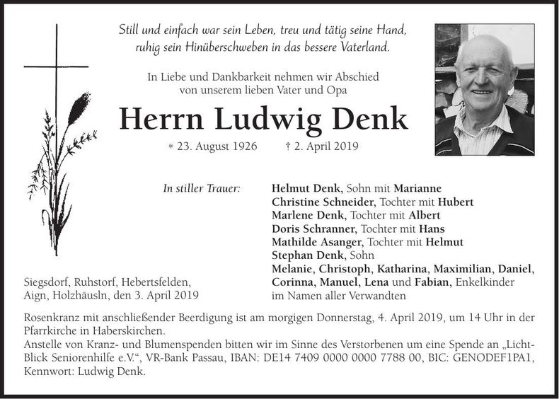 Traueranzeige Ludwig Denk