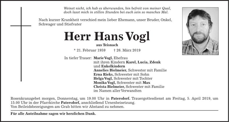 Traueranzeige Hans Vogl