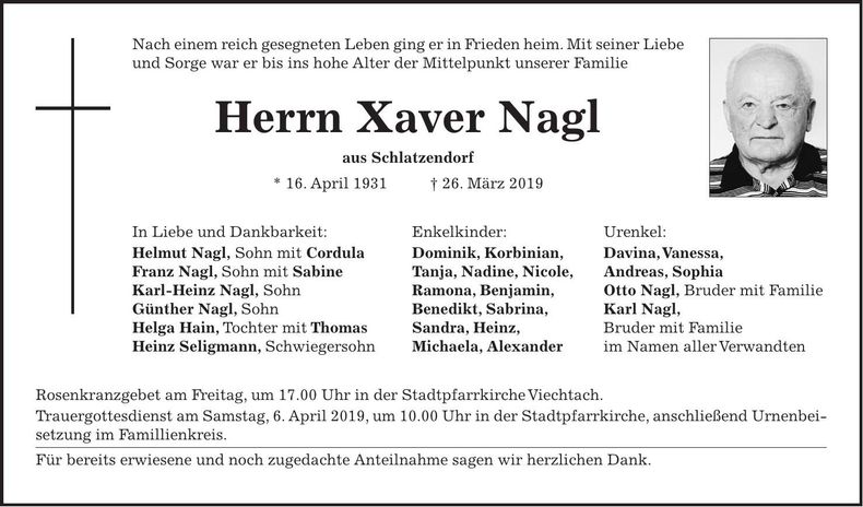 Traueranzeige Xaver Nagl