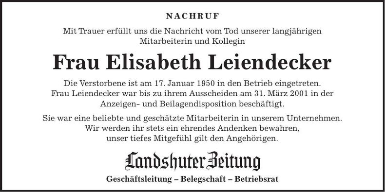 Traueranzeige Elisabeth Leiendecker