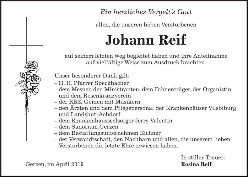 Traueranzeige Johann Reif