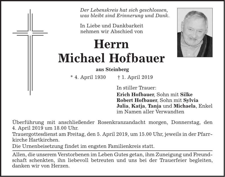 Traueranzeige Michael Hofbauer