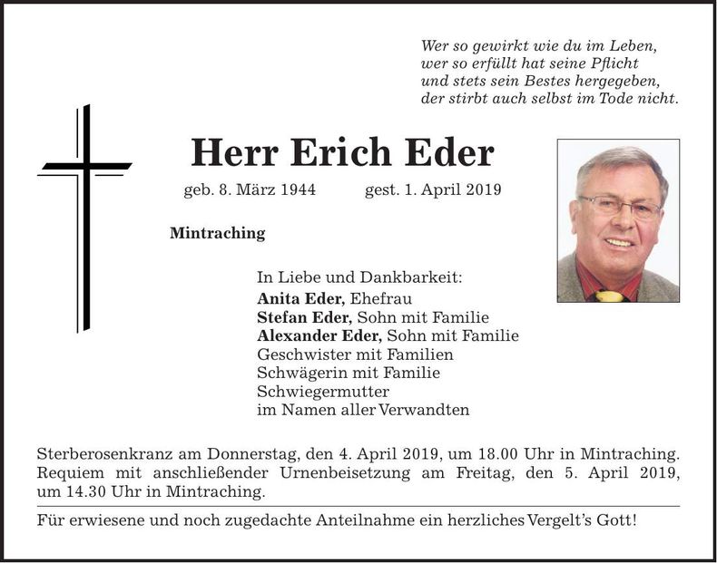 Traueranzeige Erich Eder