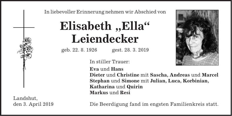 Traueranzeige Elisabeth Leiendecker