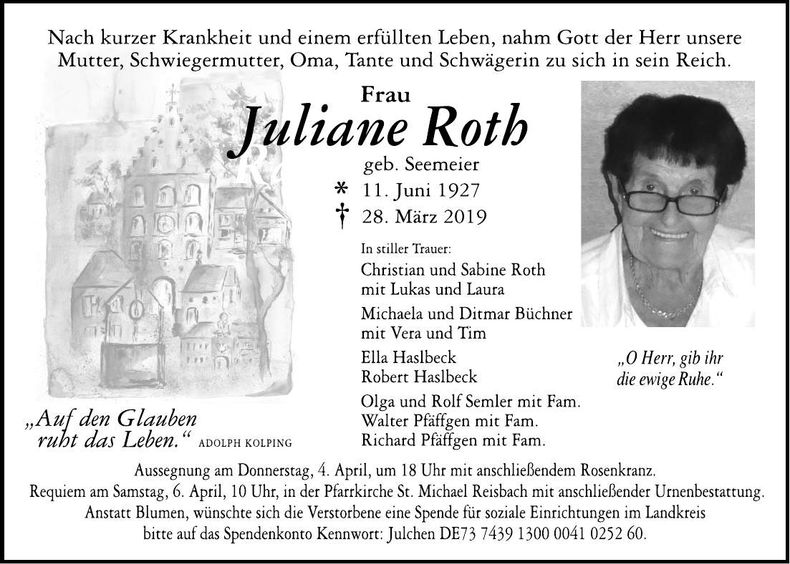 Traueranzeige Juliane Roth