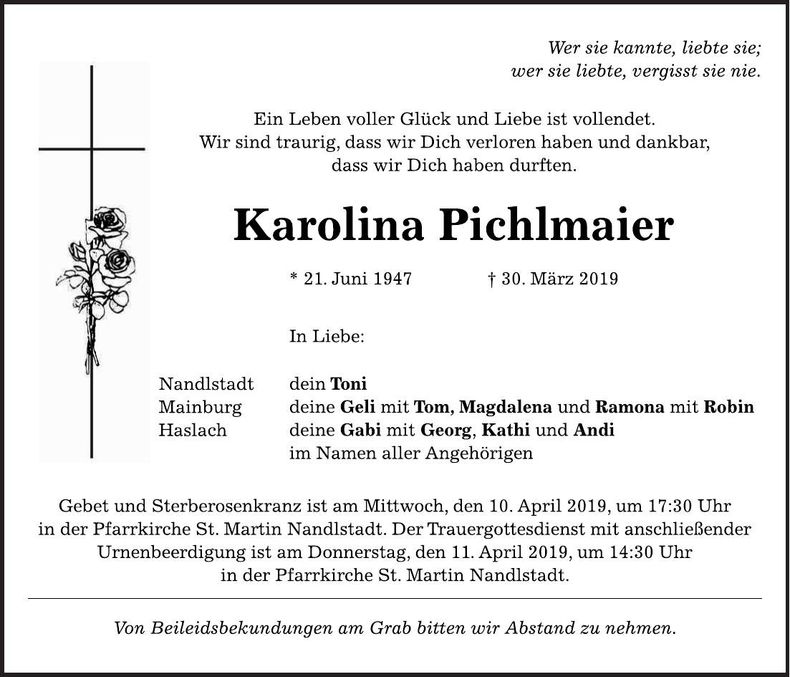 Traueranzeige Karolina Pichlmaier