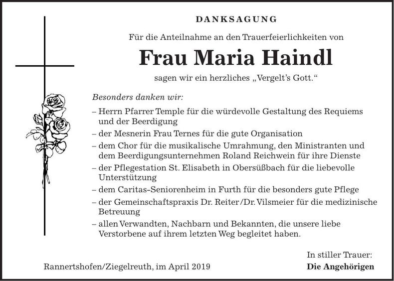 Traueranzeige Maria Haindll