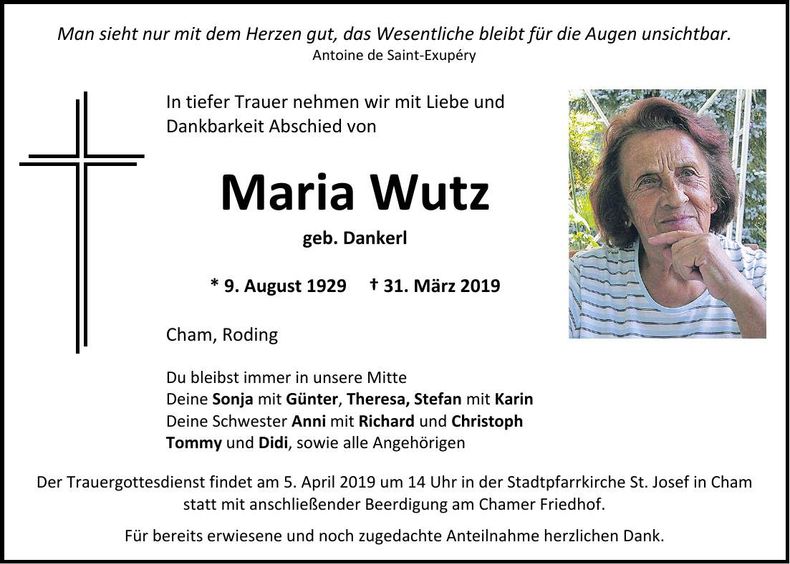 Traueranzeige Maria Wutz