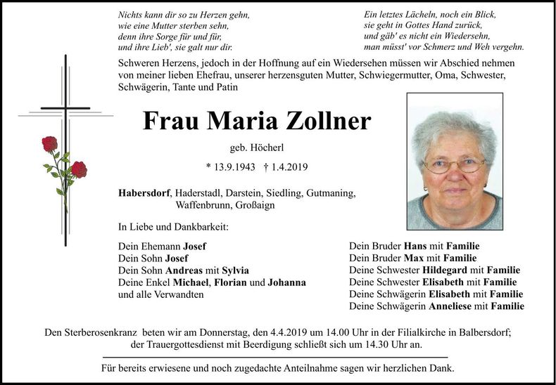 Traueranzeige Maria Zollner