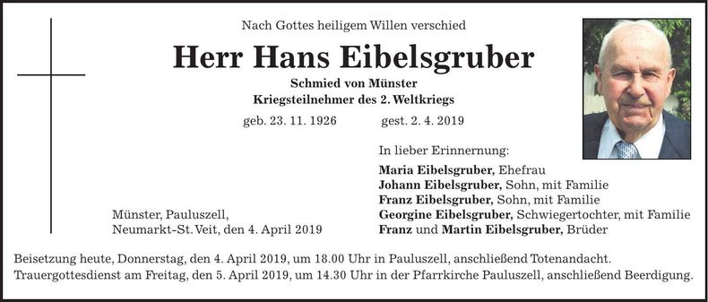 Traueranzeige Hans Eibelsgruber
