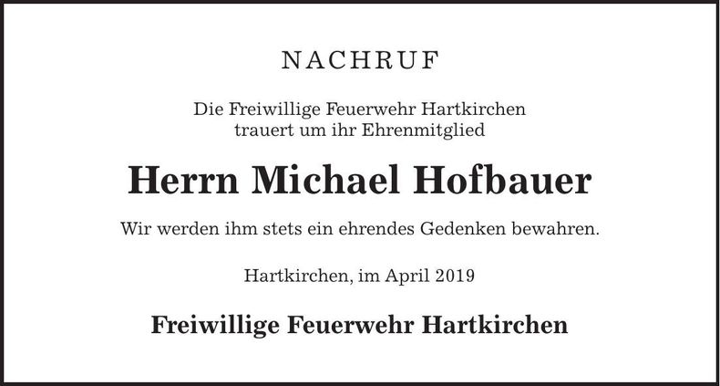 Traueranzeige Michael Hofbauer