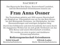 Traueranzeige Anna Ossner