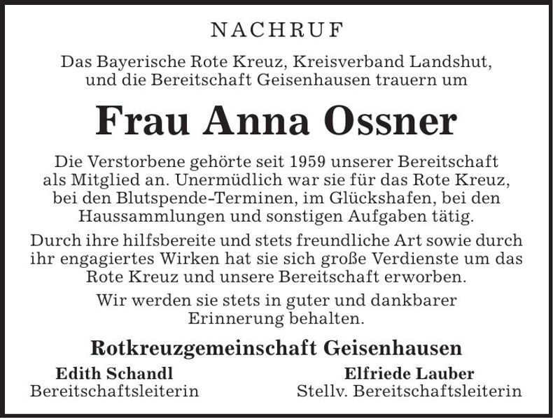 Traueranzeige Anna Ossner
