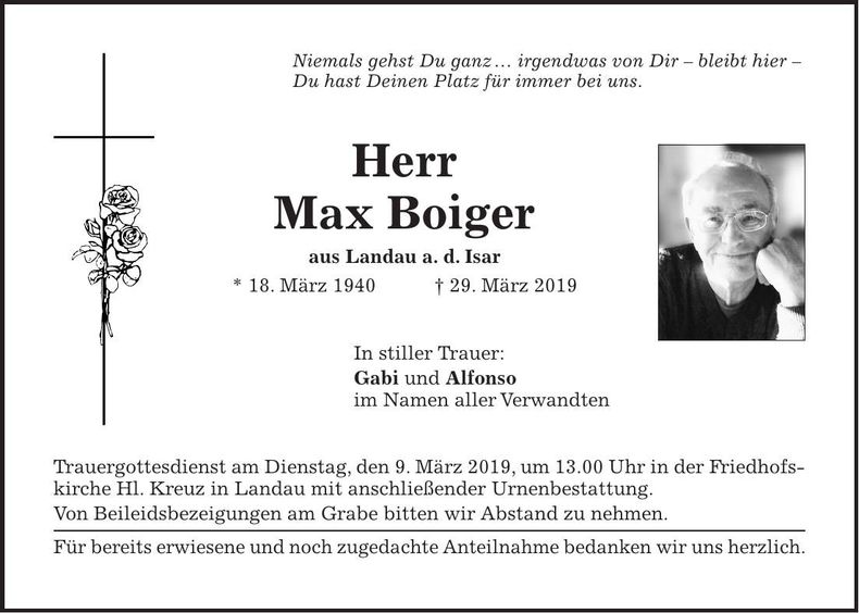 Traueranzeige Max Boiger