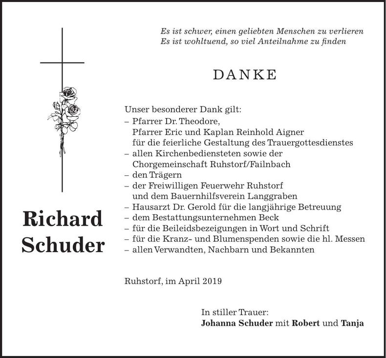 Traueranzeige Richard Schuder