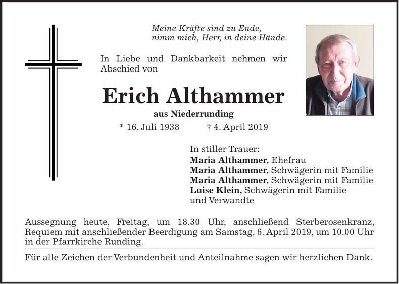 Traueranzeige Erich Althammer