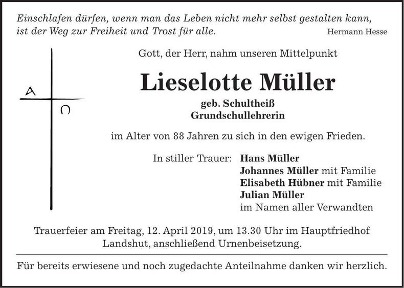 Traueranzeige Lieselotte Müller