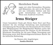 Traueranzeige Irma Steiger