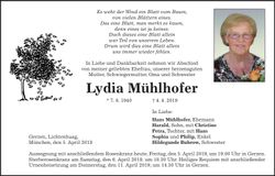 Traueranzeige Lydia Mühlhofer