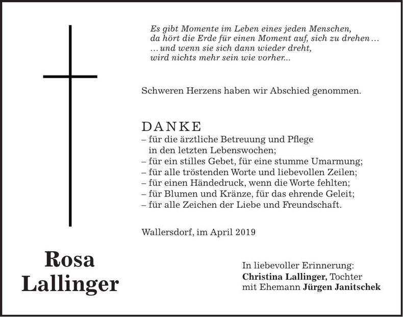 Traueranzeige Rosa Lallinger