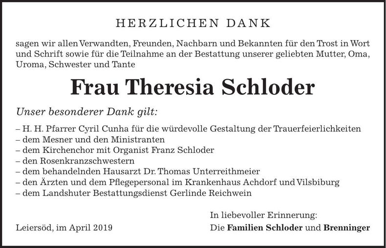 Traueranzeige Theresia Schloder