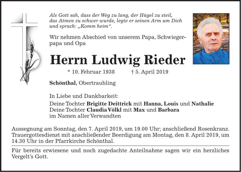 Traueranzeige Ludwig Rieder