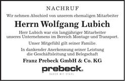 Traueranzeige Wolfgang Lubich