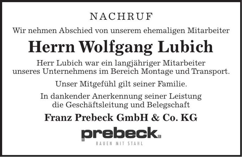 Traueranzeige Wolfgang Lubich