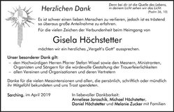 Traueranzeige Gisela Höchstetter
