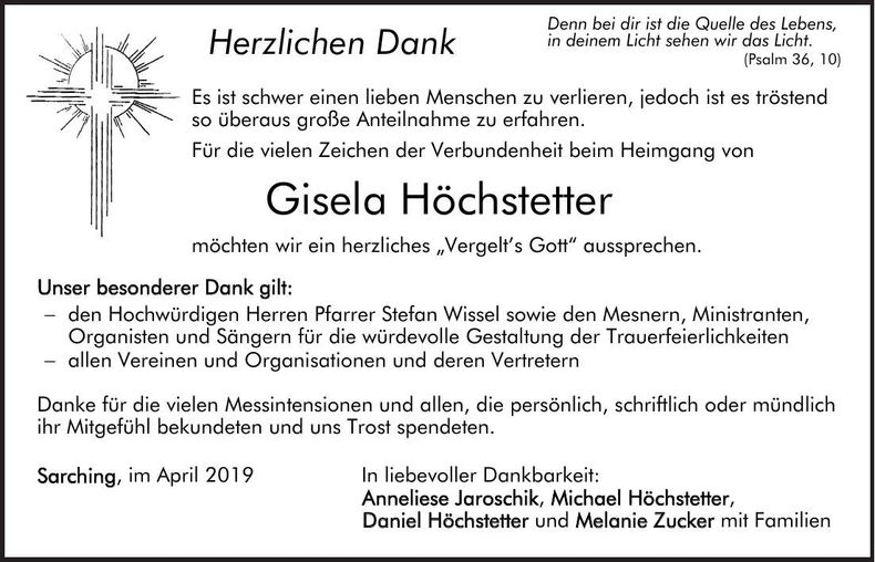 Traueranzeige Gisela Höchstetter
