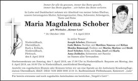 Traueranzeige Maria Magdalena Schober