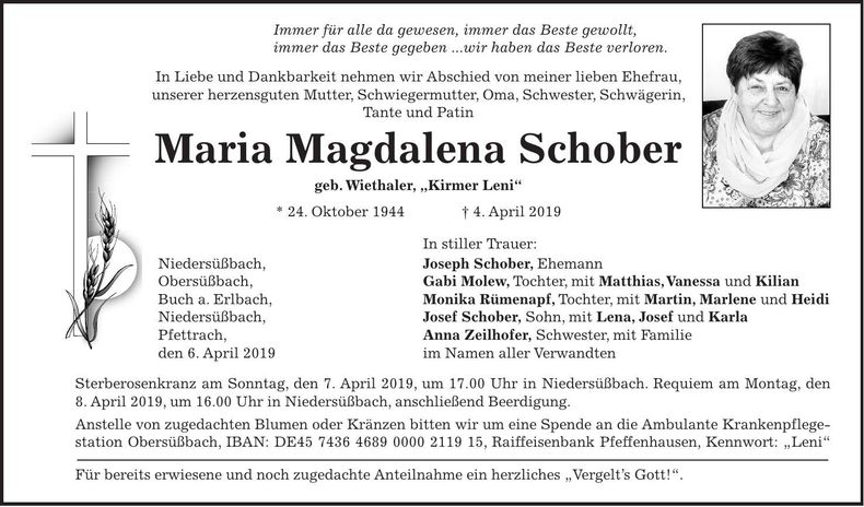 Traueranzeige Maria Magdalena Schober