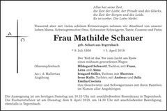 Traueranzeige Mathilde Schauer
