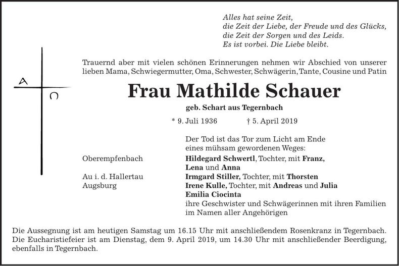 Traueranzeige Mathilde Schauer