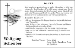 Traueranzeige Wolfgang Schreiber