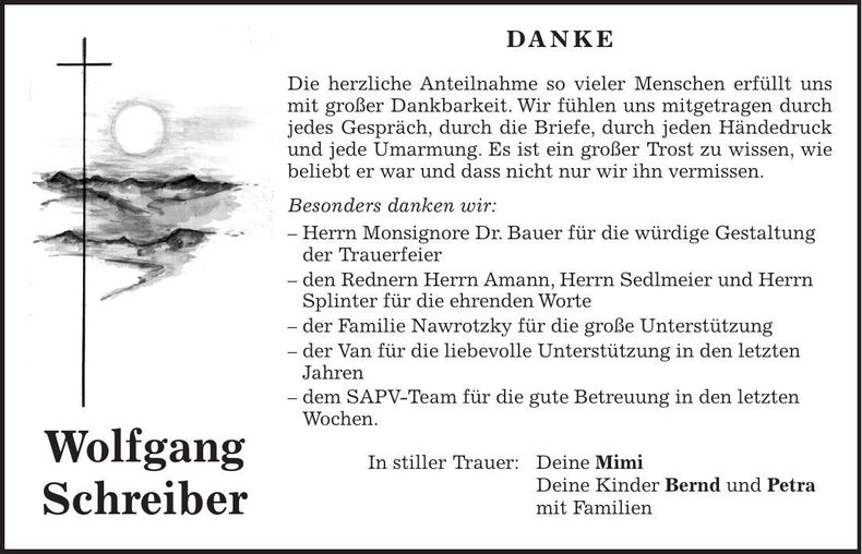 Traueranzeige Wolfgang Schreiber