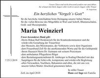 Traueranzeige Maria Weinzierl