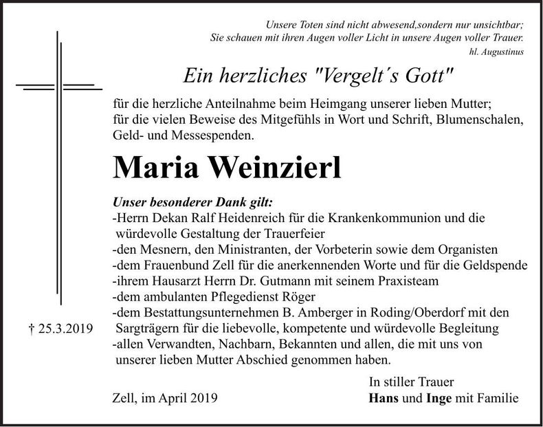 Traueranzeige Maria Weinzierl