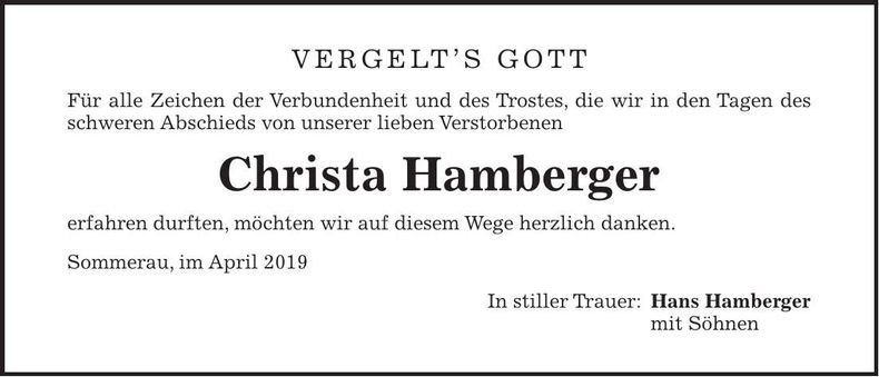 Traueranzeige Christa Hamberger