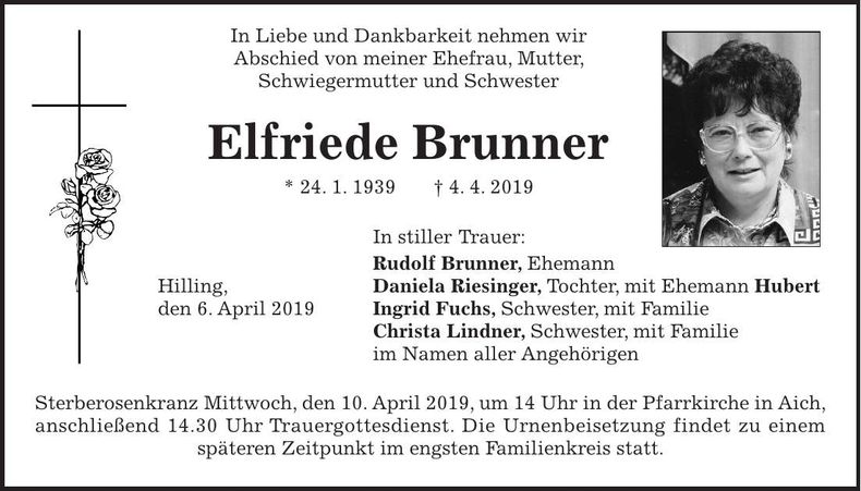 Traueranzeige Elfriede Brunner