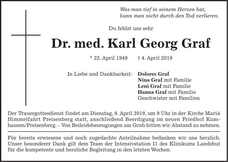 Traueranzeige Karl Georg Graf