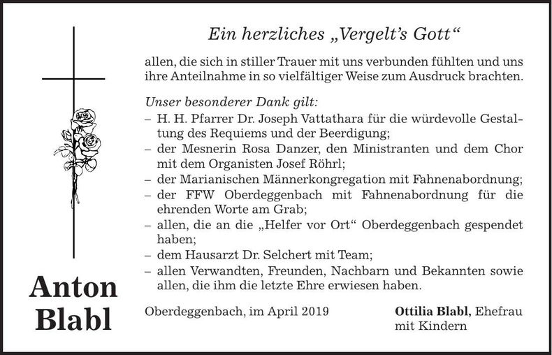 Traueranzeige Anton Babl