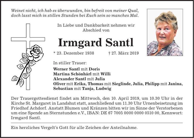 Traueranzeige Irmgard Santl