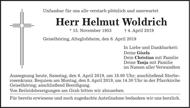 Traueranzeige Helmut Woldrich