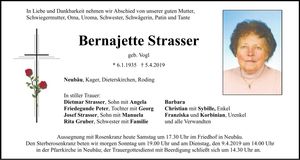 Traueranzeige Bernajette Strasser