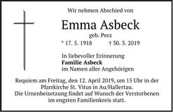 Traueranzeige Emma Asbeck